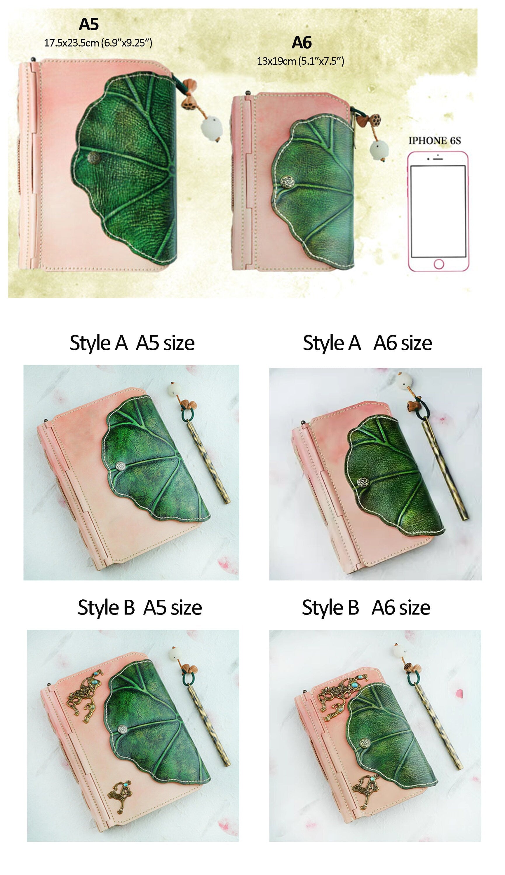 Retro Pink Cover Lotus Leaf Notebook Cowhide Leather Handmade Multifunctional Junk Journal Loose-leaf A6 A5 Kraft White Page Wedding Gift