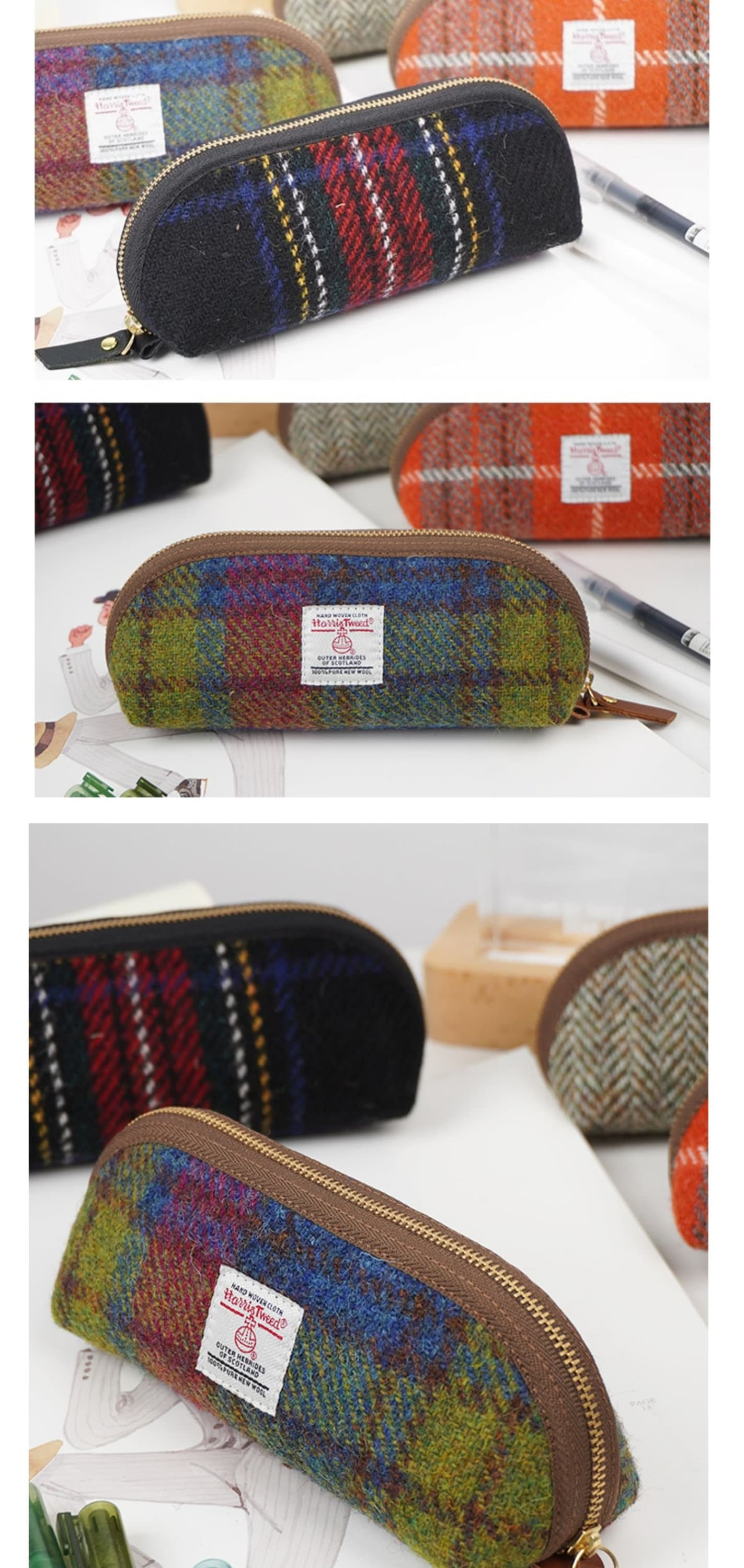 Large Wool Tweed Pencil Case Original Stationery Bag Woolen Fabric Zipper Pouch Multi-functional Storage Bag Retro Pen Case Handmade Gift