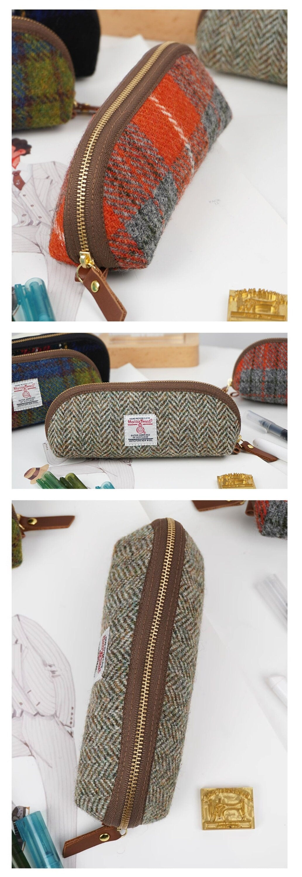 Large Wool Tweed Pencil Case Original Stationery Bag Woolen Fabric Zipper Pouch Multi-functional Storage Bag Retro Pen Case Handmade Gift