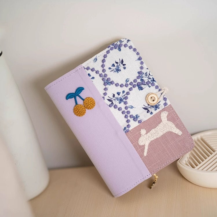 Light Purple Fabric Embroidery Patchwork Journal Cute Rabbit Collage Notebook Portable Notepad Traveler's Notebook Dairy Book Unique Gift