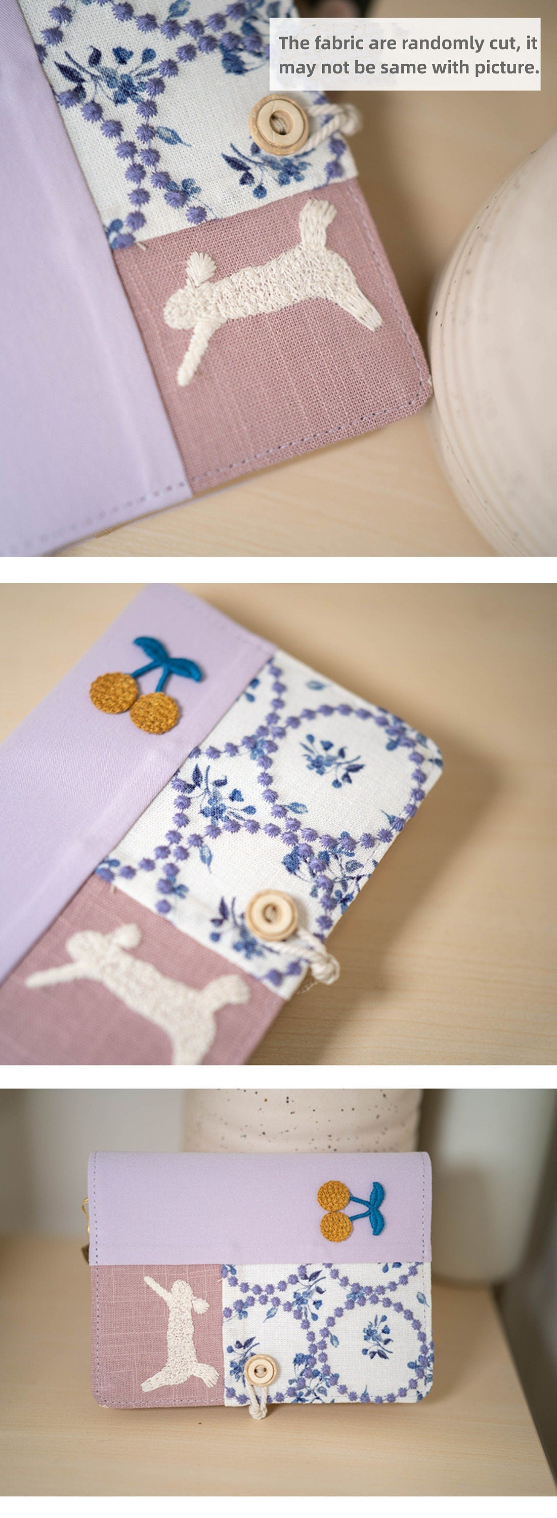 Light Purple Fabric Embroidery Patchwork Journal Cute Rabbit Collage Notebook Portable Notepad Traveler's Notebook Dairy Book Unique Gift