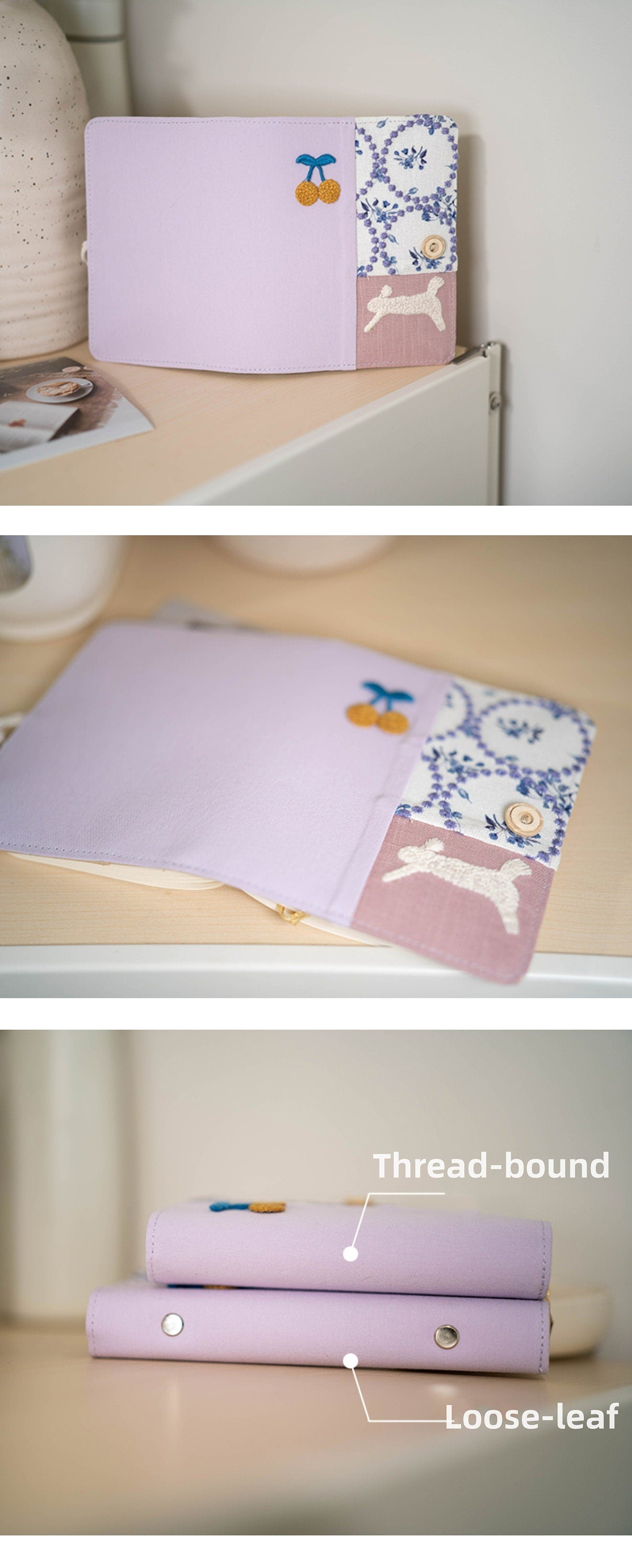 Light Purple Fabric Embroidery Patchwork Journal Cute Rabbit Collage Notebook Portable Notepad Traveler's Notebook Dairy Book Unique Gift