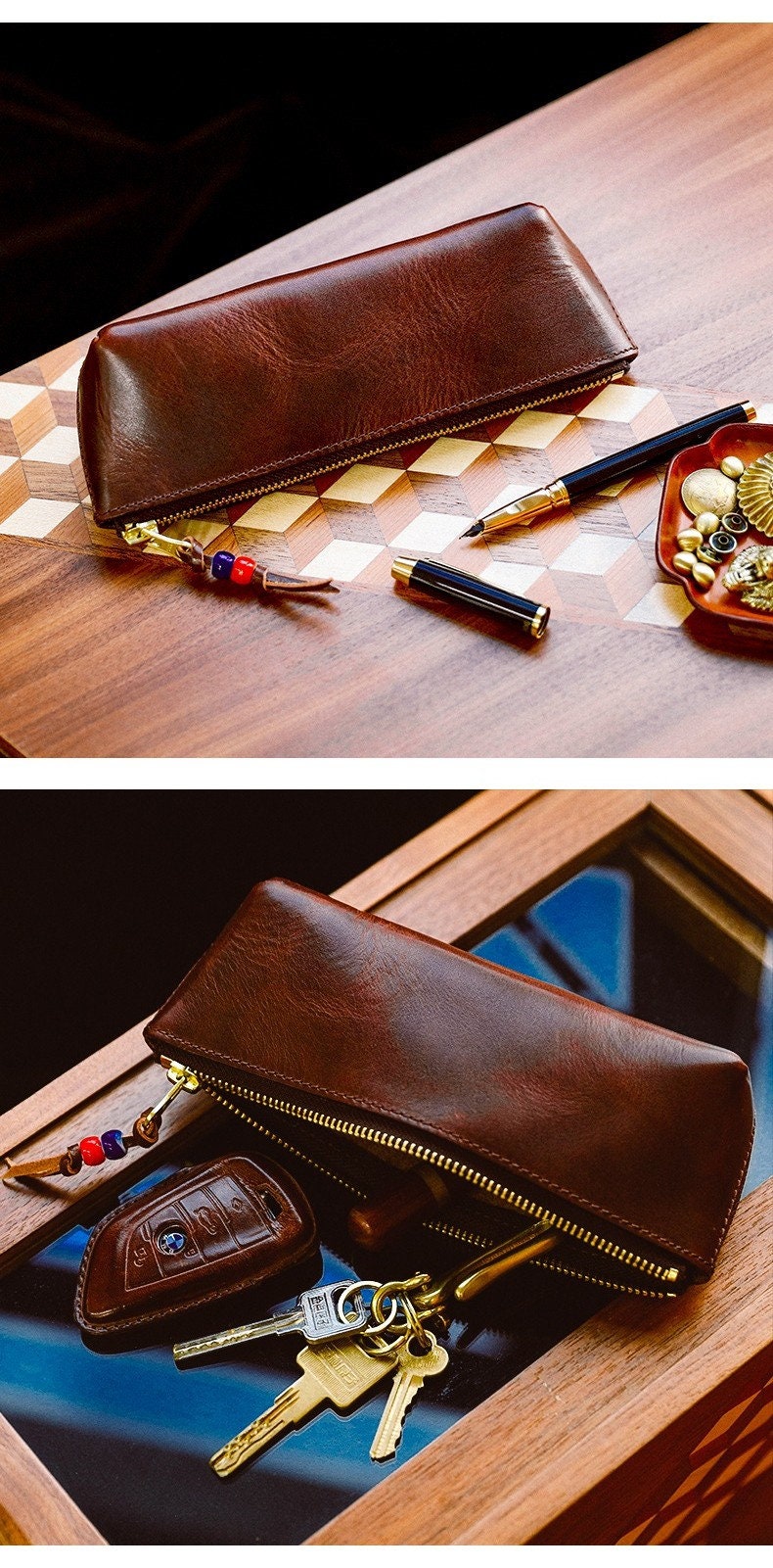 Handmade Leather Zipper Pencil Case Upscale Vegetable-tanned Cowhide Pen Case Retro Make Up Bag Large-capacity Pencil Pouch Storage Bag Gift