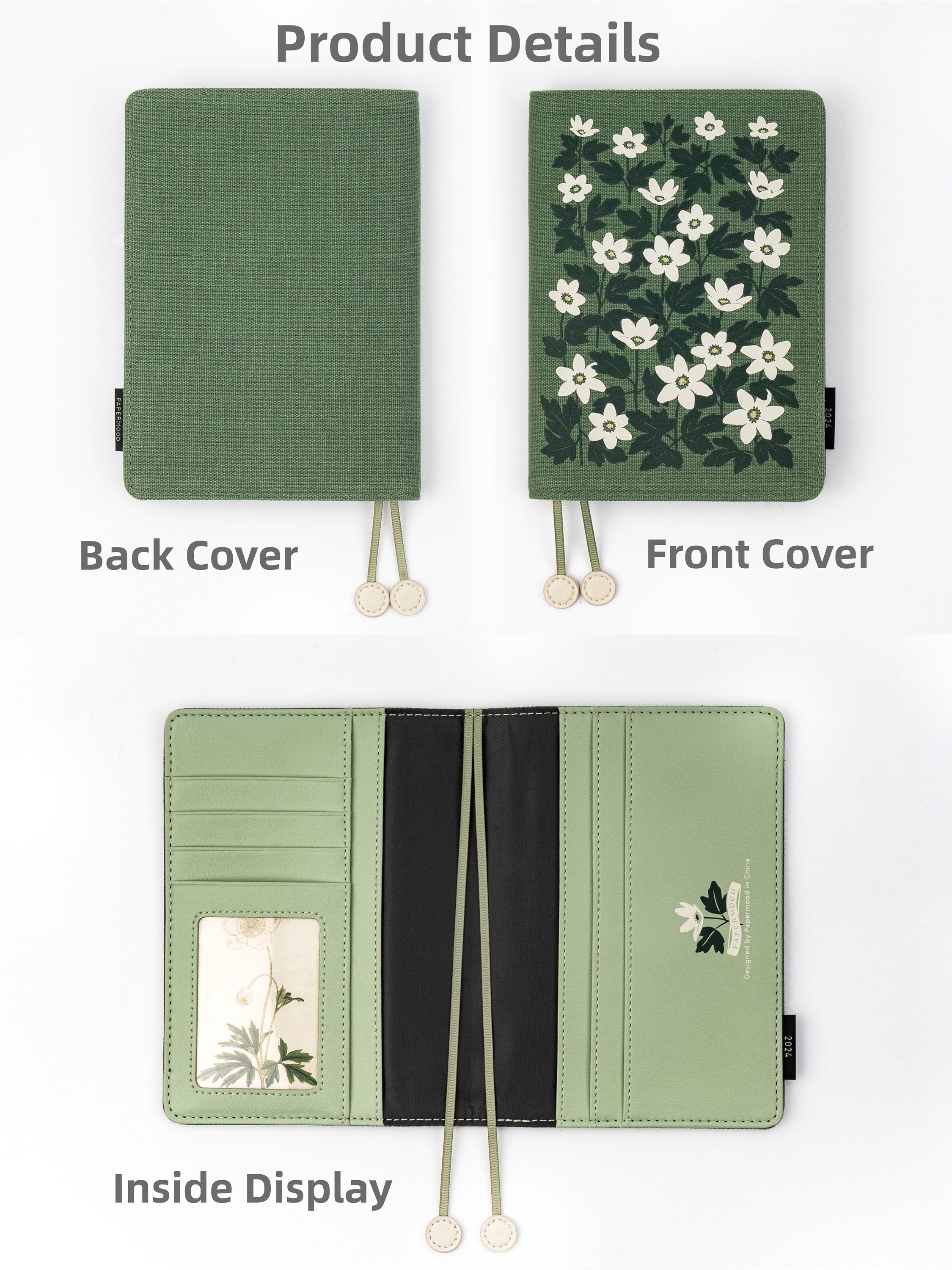 Anemone Linen Foam Notebook Cover A6 B6 Fabric-leather Covered Journal with Side Pockets Floral Book Sleeve Green Dairy Book Gift for Her