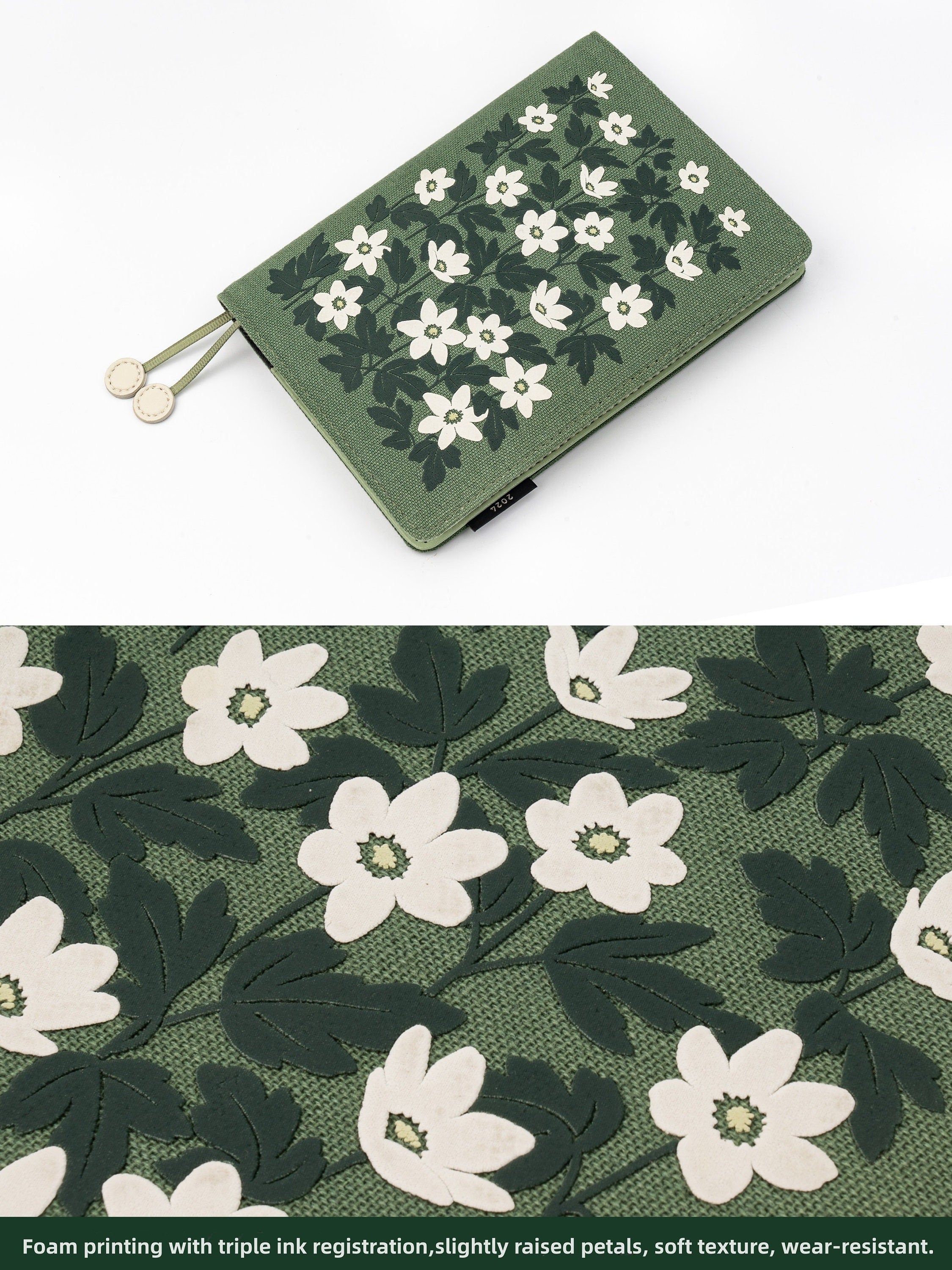 Anemone Linen Foam Notebook Cover A6 B6 Fabric-leather Covered Journal with Side Pockets Floral Book Sleeve Green Dairy Book Gift for Her