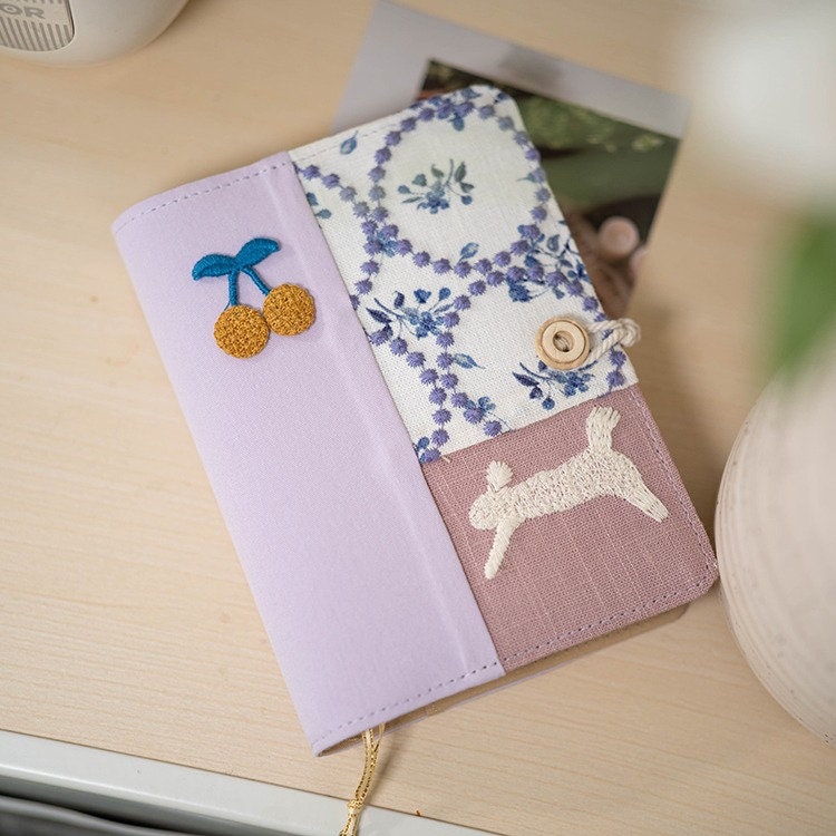 Light Purple Fabric Embroidery Patchwork Journal Cute Rabbit Collage Notebook Portable Notepad Traveler's Notebook Dairy Book Unique Gift