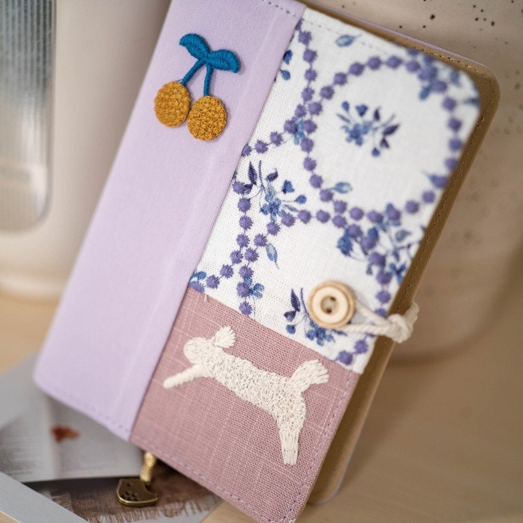 Light Purple Fabric Embroidery Patchwork Journal Cute Rabbit Collage Notebook Portable Notepad Traveler's Notebook Dairy Book Unique Gift