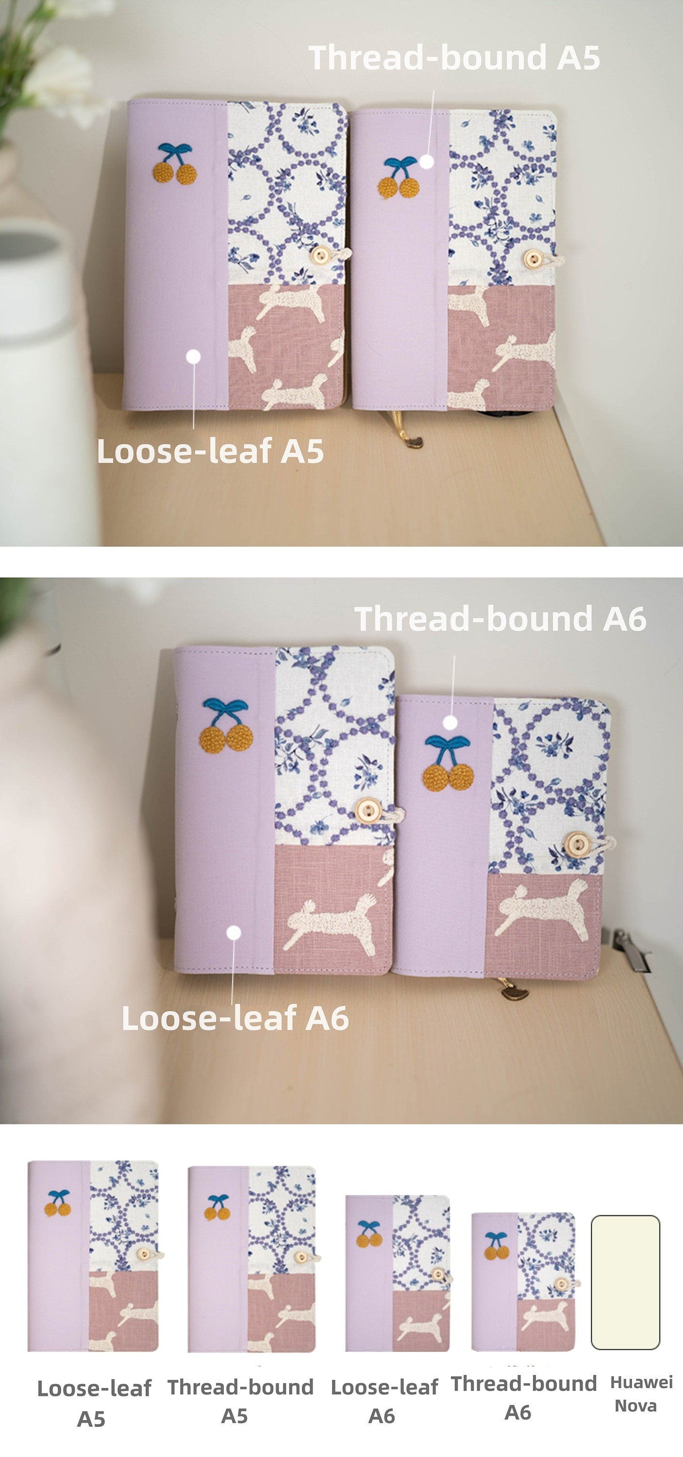 Light Purple Fabric Embroidery Patchwork Journal Cute Rabbit Collage Notebook Portable Notepad Traveler's Notebook Dairy Book Unique Gift