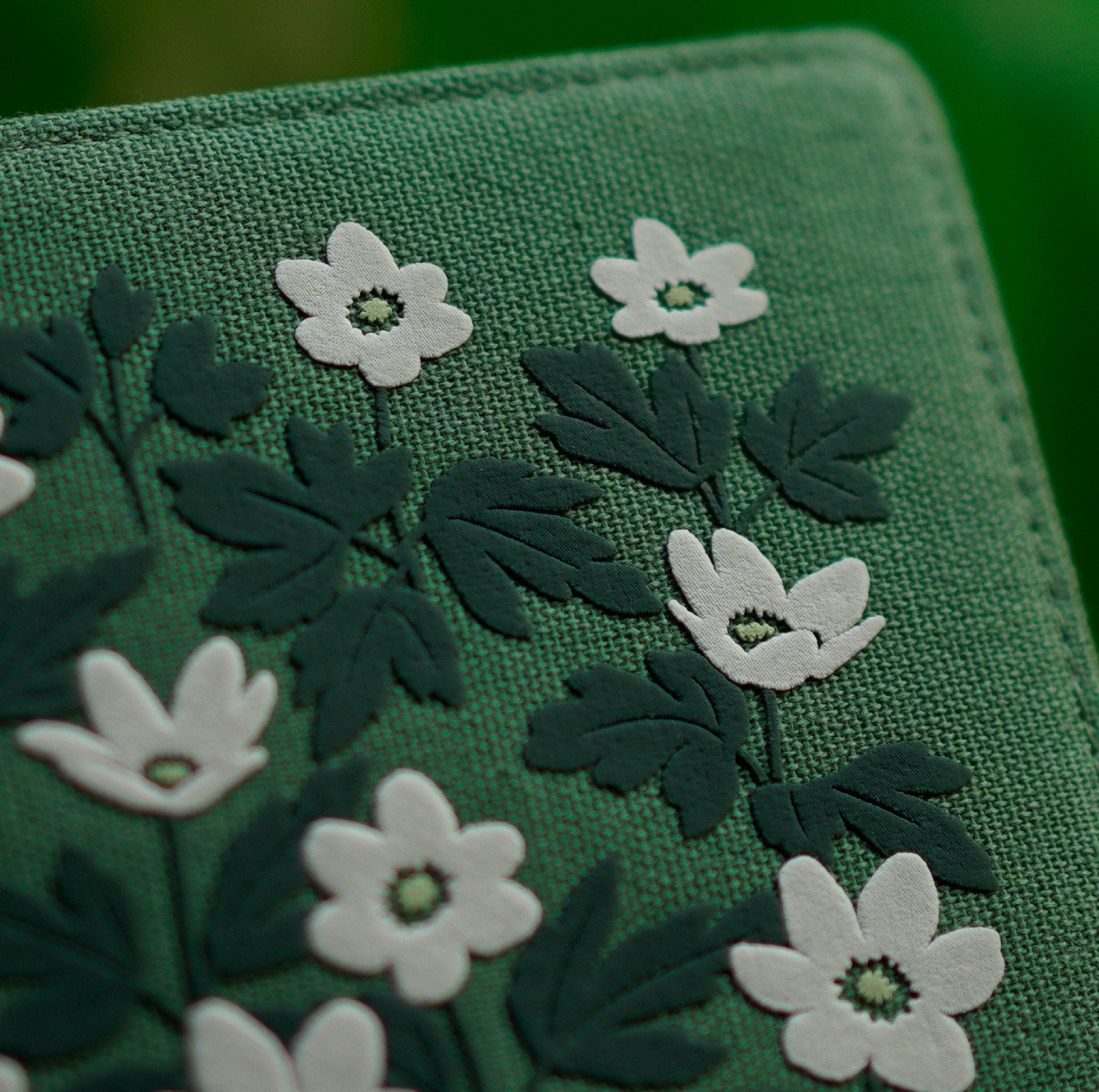 Anemone Linen Foam Notebook Cover A6 B6 Fabric-leather Covered Journal with Side Pockets Floral Book Sleeve Green Dairy Book Gift for Her