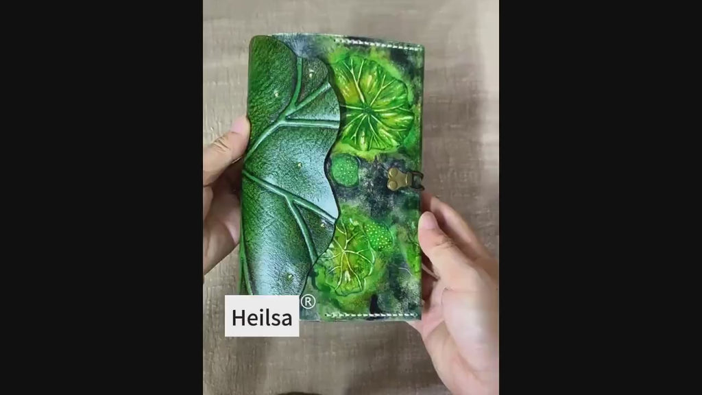 Handmade A6 Leather Traveler's Notebook, Refillable Leather Journal, Lotus Leaf Planner Cover, Vintage Organizer, Genuine Leather Notebook