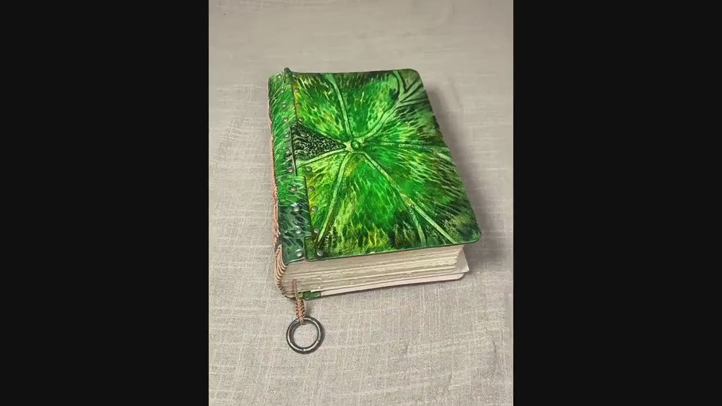 Handmade Leather Journal A5, Lotus Leaf Embossed Notebook, Vintage Leather Fantasy Journal, Refillable Grimoire, Book of Shadows Writer Gift