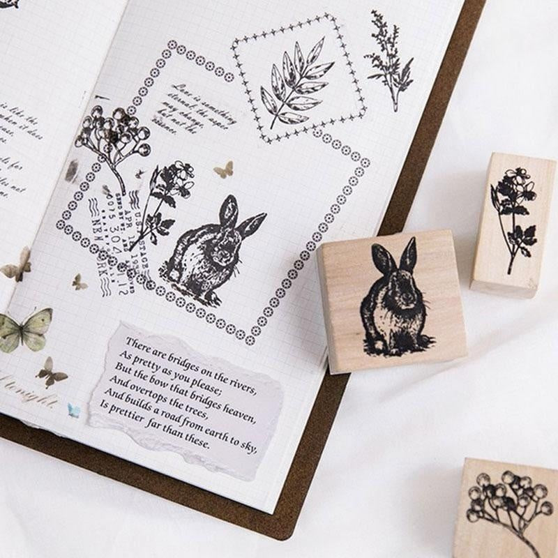 12 Color Forest Story Wood Rubber Stamps. Squirrel, Rabbit, Owl Stamp. Wood Stamp. Rubber Stamp. Planner Stamp. Leave Stamp. Flower Stamp.