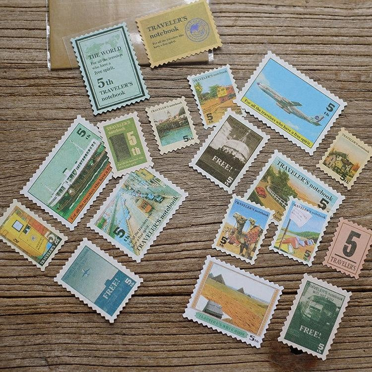 Retro travel Post Stamp Stickers. Decorative Stickers for Photo Album, Bullet Journal, Planner, Stationary Scrapbooking stickers 18 pcs