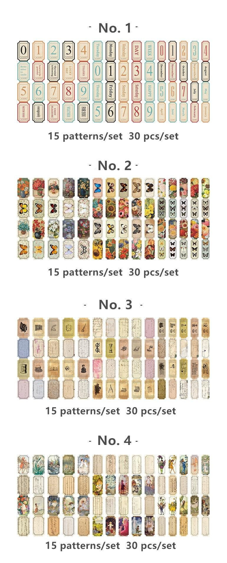 Retro Shaped Stickers Set 30 Pieces 8 Styles Stickers Rich Patterns Map Moon Butterfly Plant Stickers Decor Stickers Vintage Written Strip