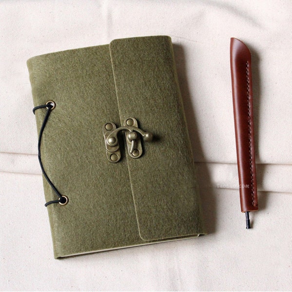 Retro Gray Felt Notebook Diary Journal Sketchbook Green Refillable Kraft White Paper Handmade Planner Wedding Guestbook Anniversary Gift