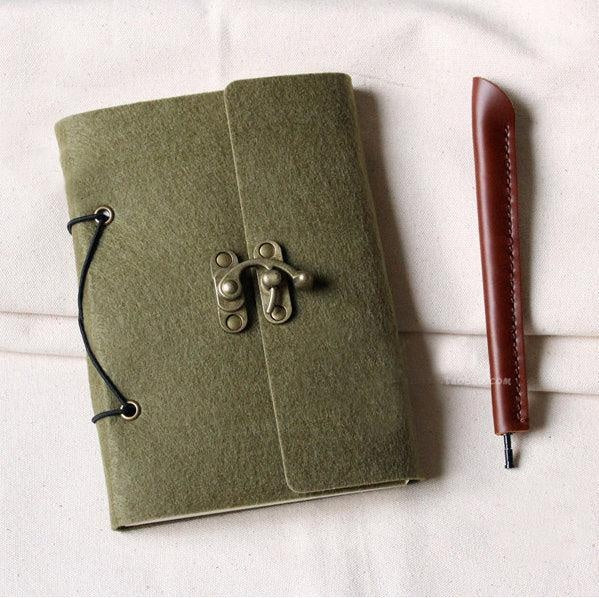 Retro Felt Cover Notebook. Green Gray Felt Junk Journal with Refillable Kraft White Paper Handmade Sketchbook Travel Diary Anniversary Gift