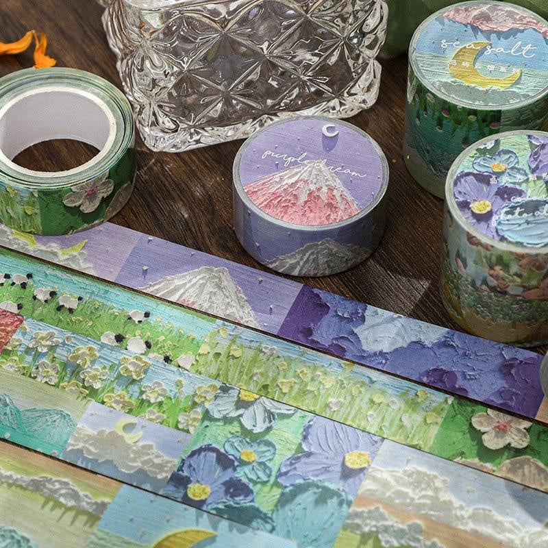 3D sense Oil Painting Planner Washi Tape 6 Colors. Island Cloud Smoke Ins Landscape Floral Journal Tape. Fresh Decor Masking Tape. Roll 3 M