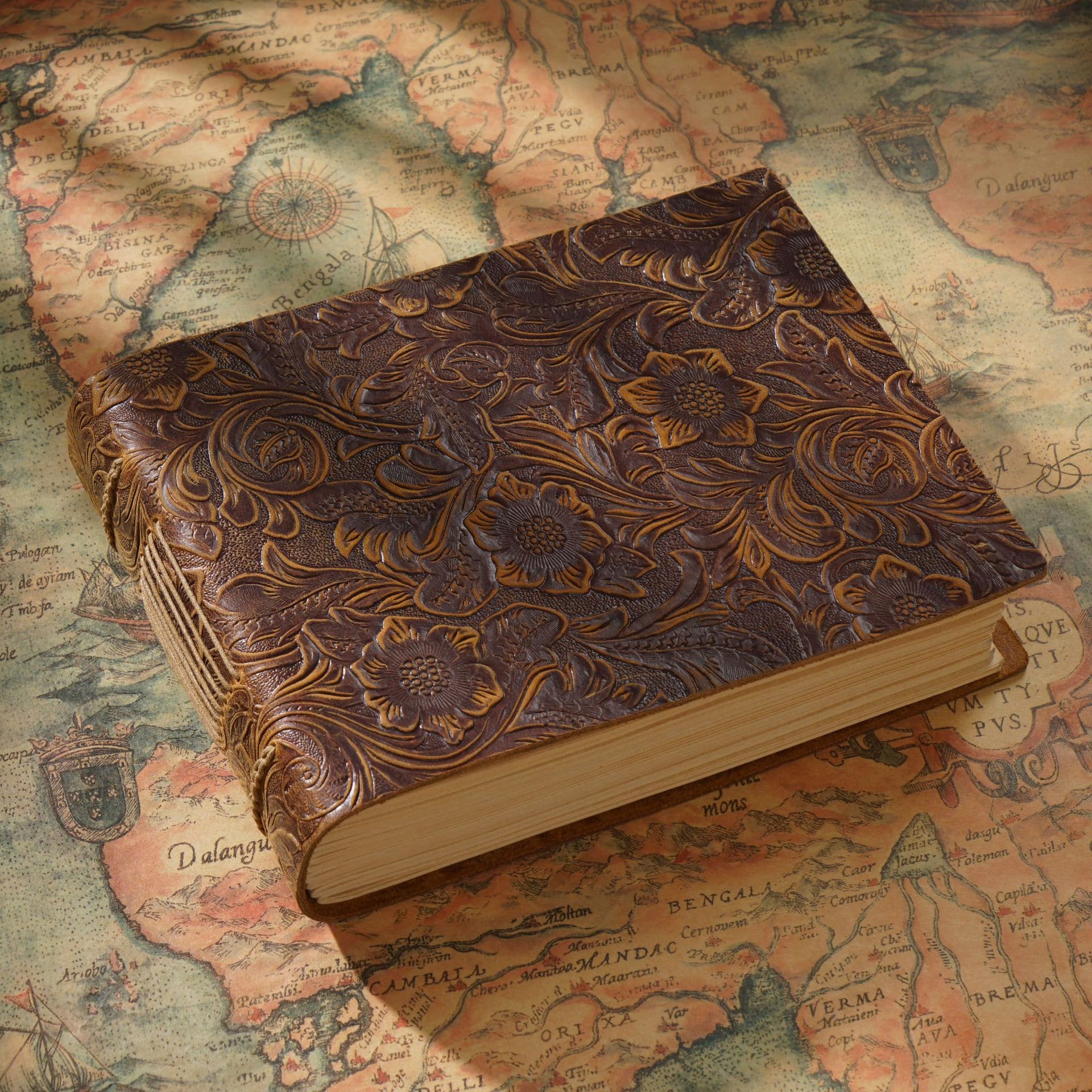 Dark Brown Leather Journal Flower Engraved