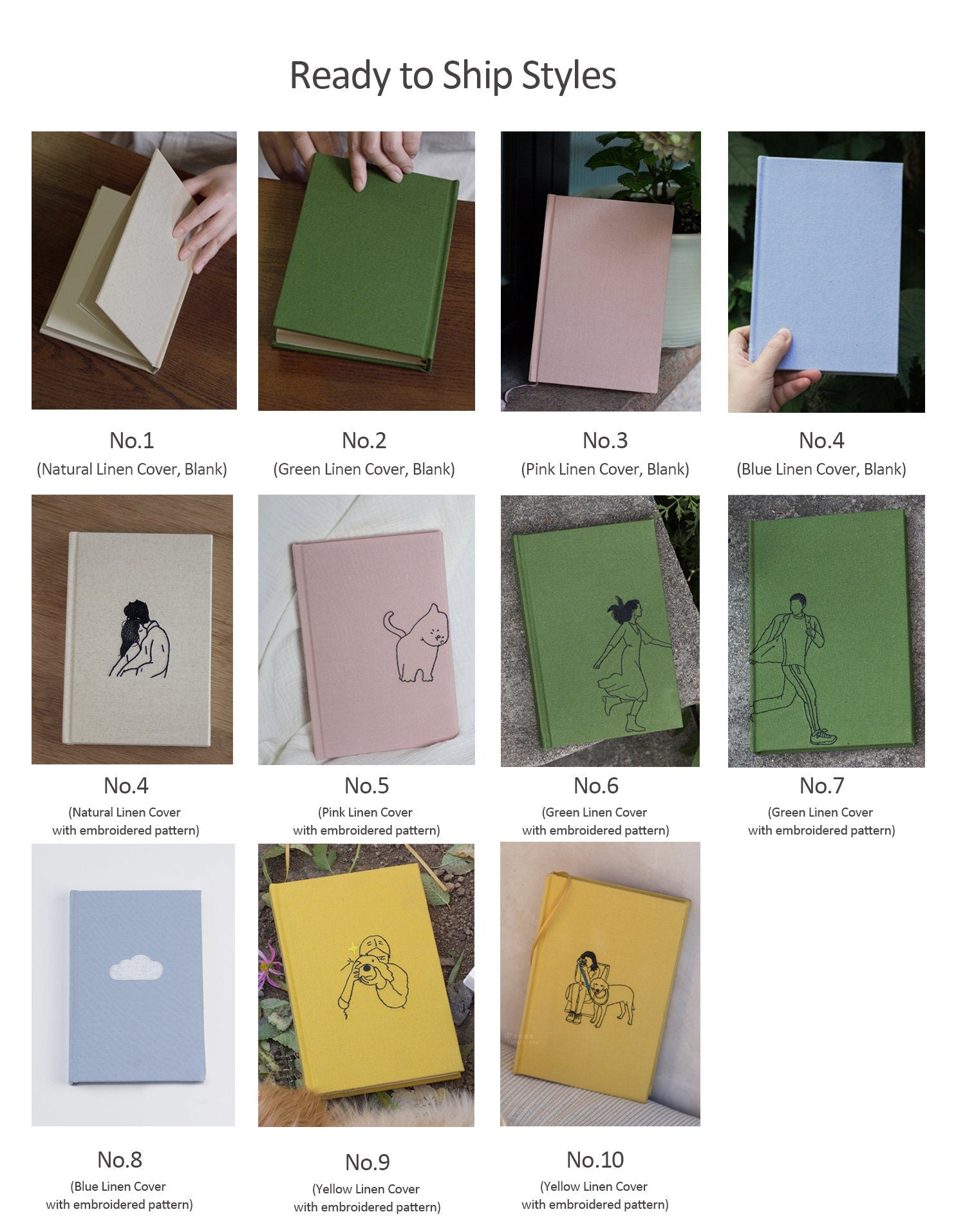 Custom Embroidery Linen Notebook Journal Pink Green Blue Yellow Cover Sketchbook White Blank Pages Lined Journal Wedding Personalized Gift