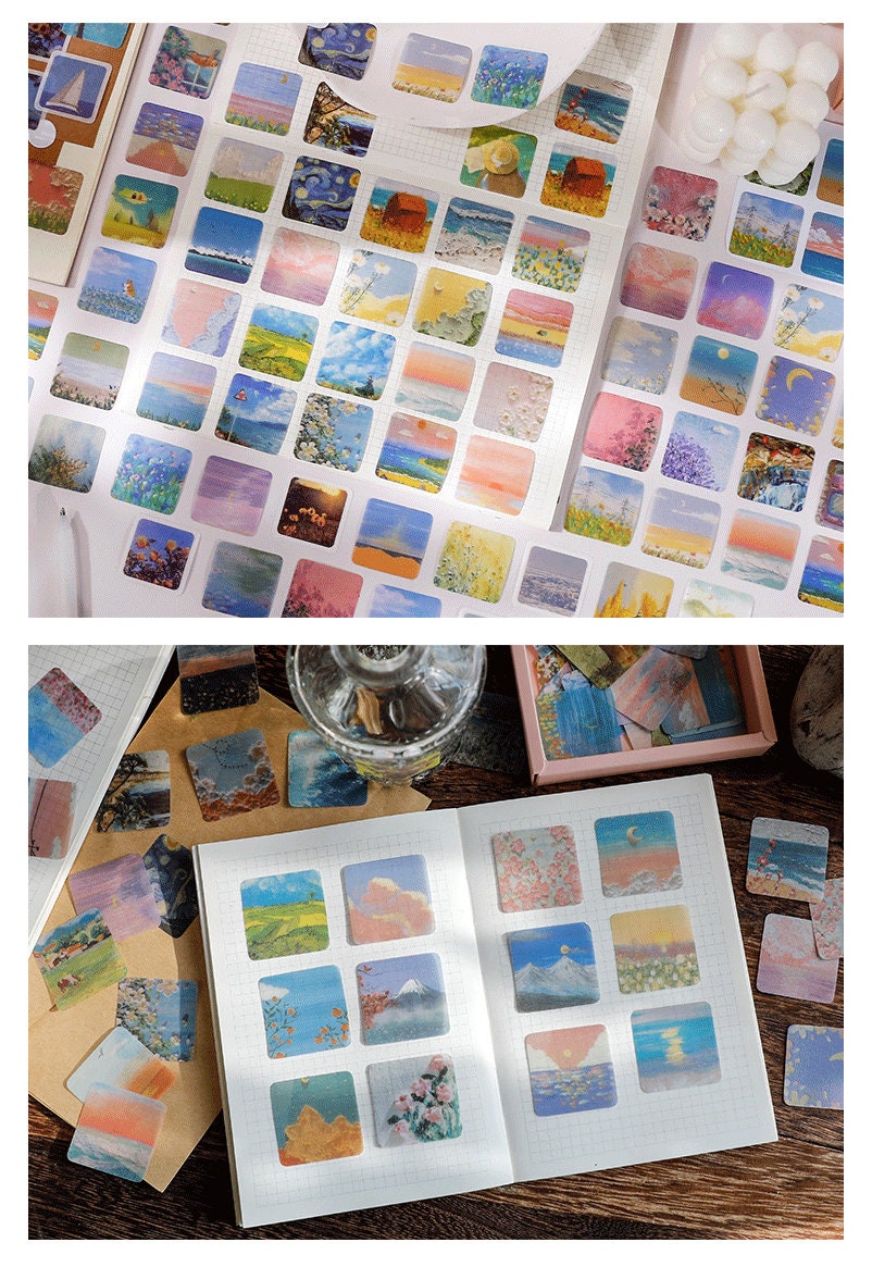 200pcs Boxed Landscape Journal Planner Stickers INS Style Oil Painting Colorful Travel Scrapbook Crafting Project Card Making Decor Stickers