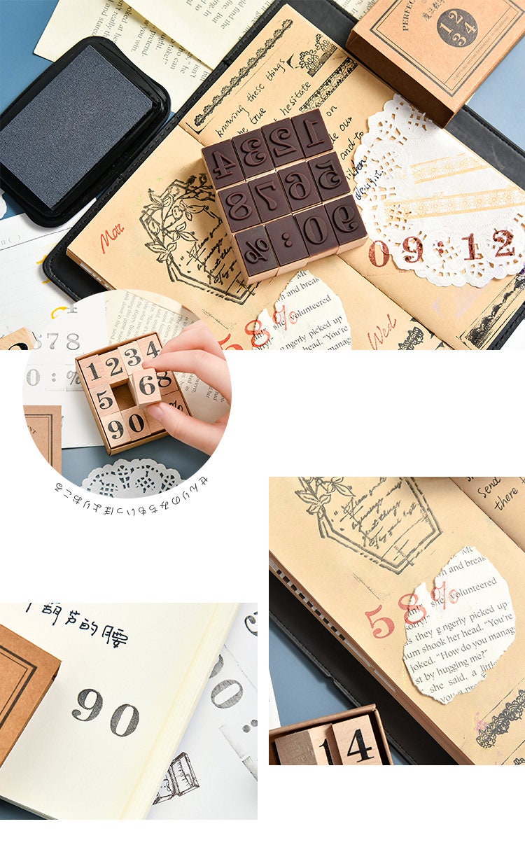 Retro Number Week Wood Rubber Stamp Set