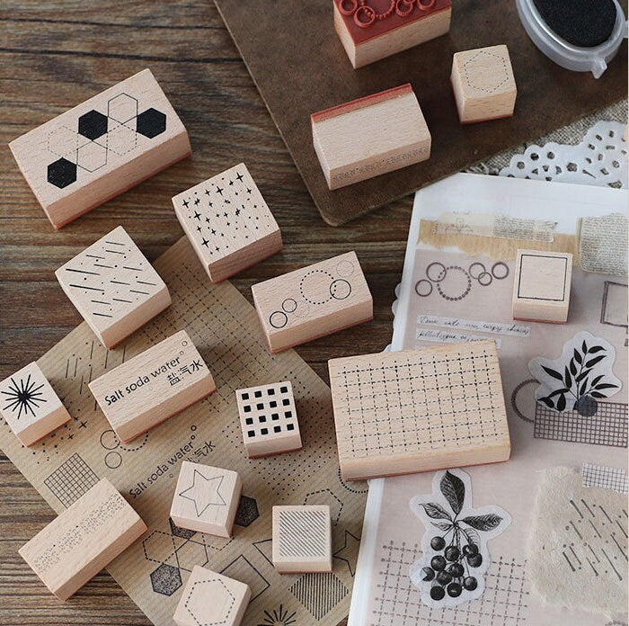 Basic Graphic Wood Rubber Stamp Set