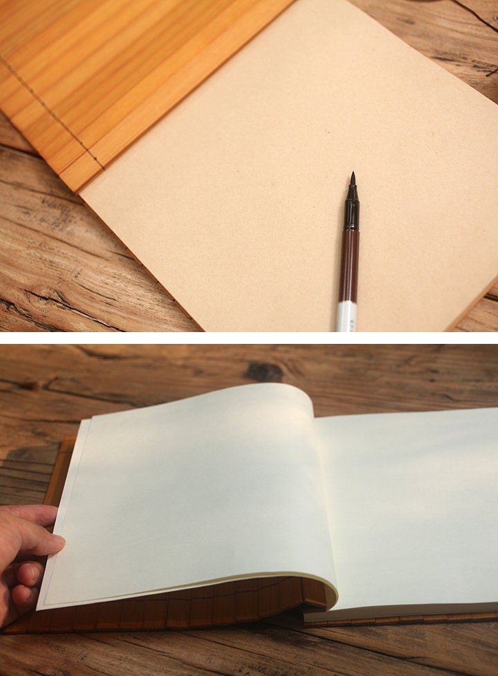 Retro Bamboo Cover Notebook Journal Art Journal Bujo Sketchbook Writing Diary White Kraft Paper Handmade Wedding Guestbook Gift for Her Him
