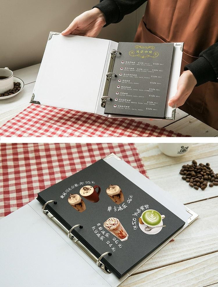 White Cover Black Menu Book, Ring Binder Restaurant Menu, Bakery Menu, Wedding Receptions, Handmade Menu, Cafe Menu, Photo Scrapbook Album