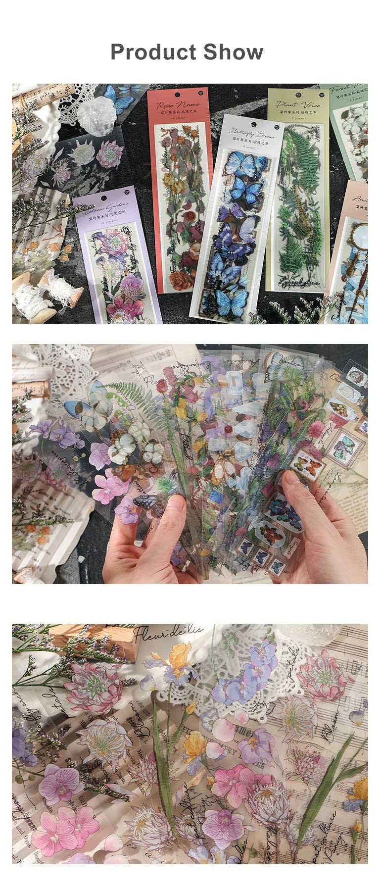 Retro PET Deco Stickers Plant Rose Butterfly Clear Waterproof Bullet Journal Material Refrigerator Phone Laptop Cute Nature Flower Stickers