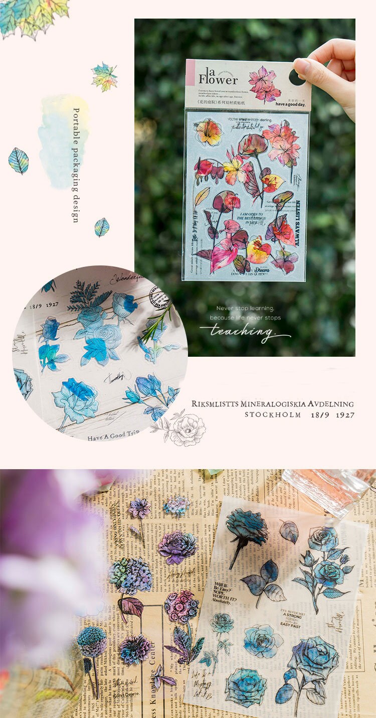 PET & Sulfuric Acid Paper Flower Stickers Sheet Clear Daisy Apricot Wind Chimes Hydrangea Rose Tulip Anthurium Poppy Die-Cut Floral Stickers