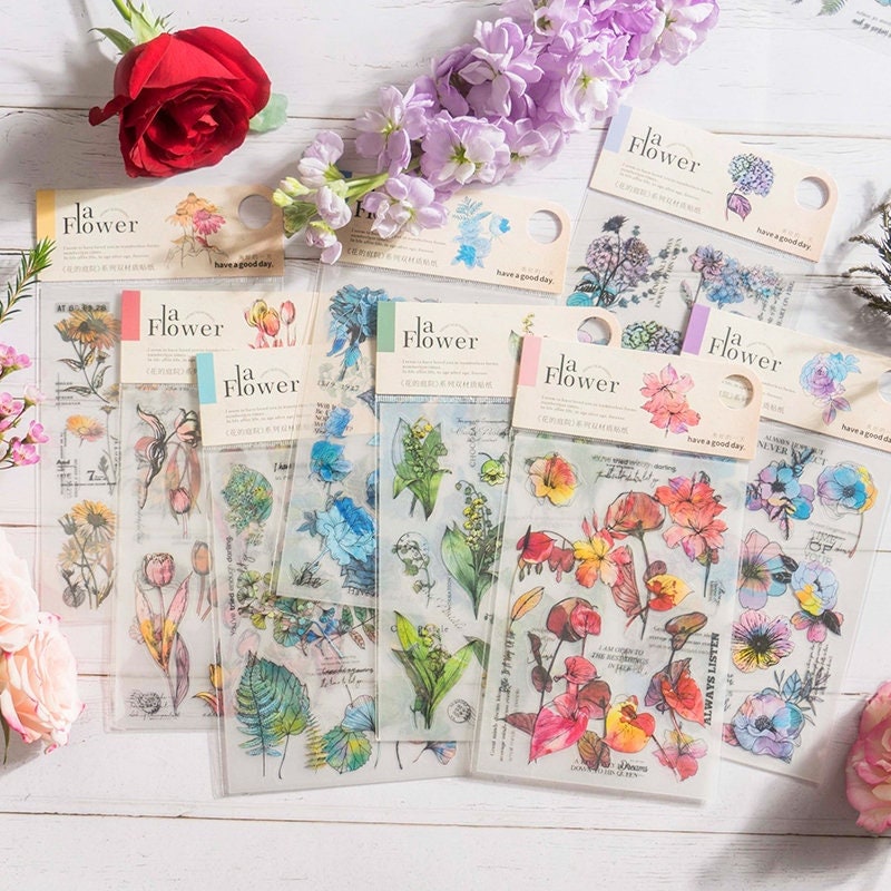 PET & Sulfuric Acid Paper Flower Stickers Sheet Clear Daisy Apricot Wind Chimes Hydrangea Rose Tulip Anthurium Poppy Die-Cut Floral Stickers