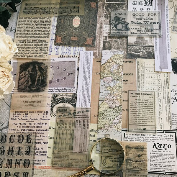 Retro Junk Journal Material Pack Ephemera Journaling Supplies Textured Paper Old Poster Newspaper Vantage Collage Scrapbooking Set of 69 Pcs