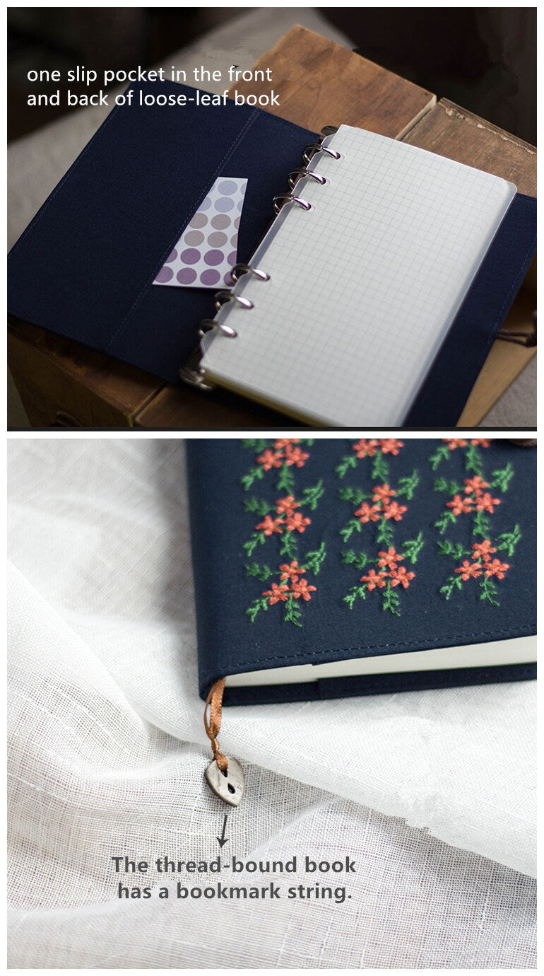 Original Embroidery Flower Journal Loose-leaf A6 A5 Handmade Notebook Literary  Portable Notepad Diary Book Cloth Ephemera Book Special Gift