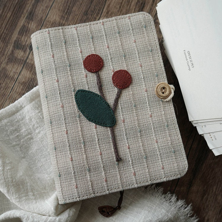 3D Red Fruit Embroidery Notebook Journal Handmade Fabric Surface A5 A6 Loose-leaf Thread-bound Portable Notebook Travel Diary Birthday Gift
