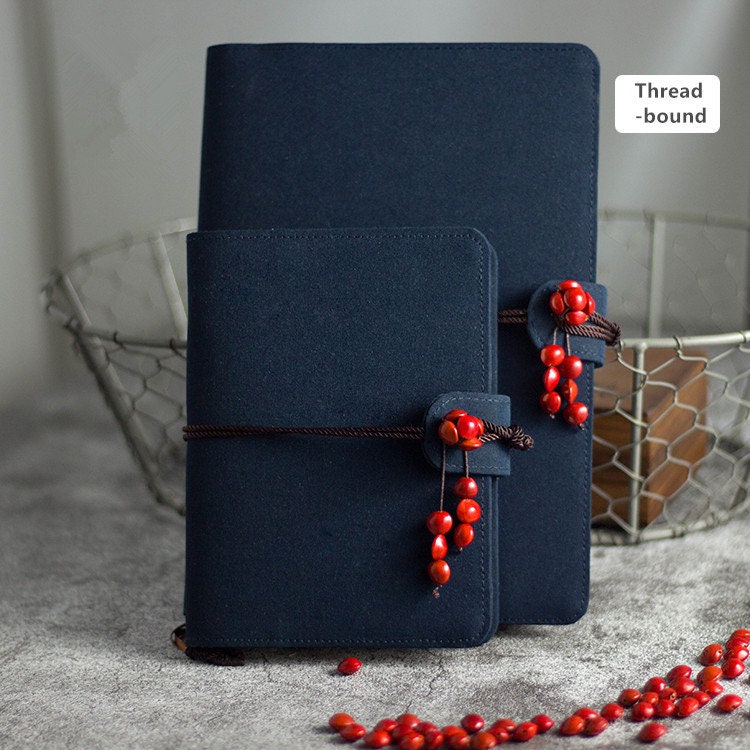 Dark Blue Red Bean Journal Fabric A5 A6 Loose-leaf Thread-Bound Blank Lined Grid Pages Notebook Handmade Planner Diary Retro Notepad Gift