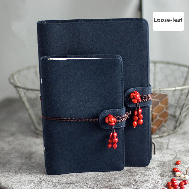 Dark Blue Red Bean Journal Fabric A5 A6 Loose-leaf Thread-Bound Blank Lined Grid Pages Notebook Handmade Planner Diary Retro Notepad Gift
