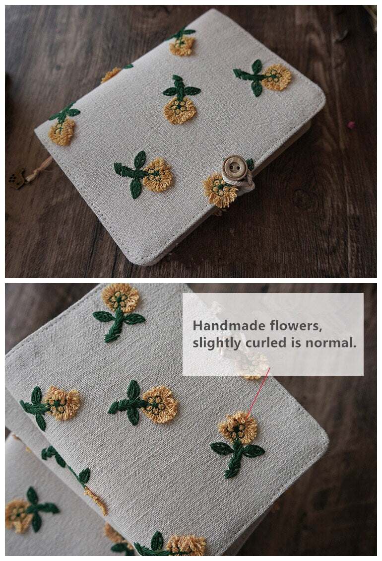 Flower Embroidery Linen Notebook Journal A6 A5 Loose-leaf Thread-bound Blank Lined Pages Literary Dairy Book Planner  Handmade Notepad Gift