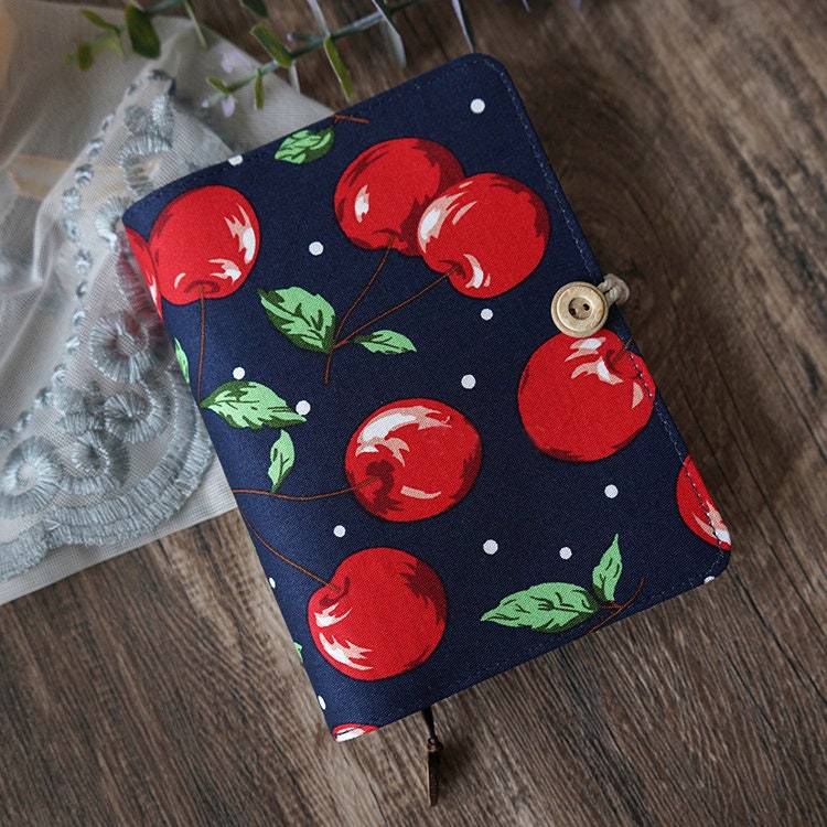 Cherry Fabric Covered Notebook Blue Background Lined Grid Blank A5 A6 White Kraft Pages Writing Journal Gratitude Journal Daily Journal