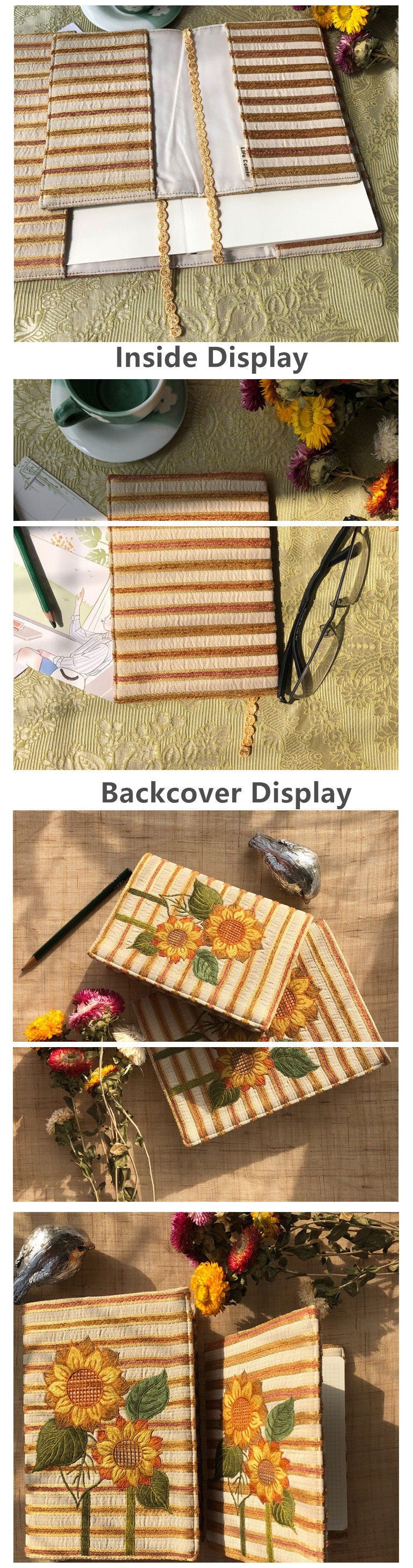 Sunflower Embroidery Book Jacket A5 B6 A6 Handmade Cloth Book Sleeve Floral Embroidered Book Protector Blank Grid Pages Retro Notebook Gift