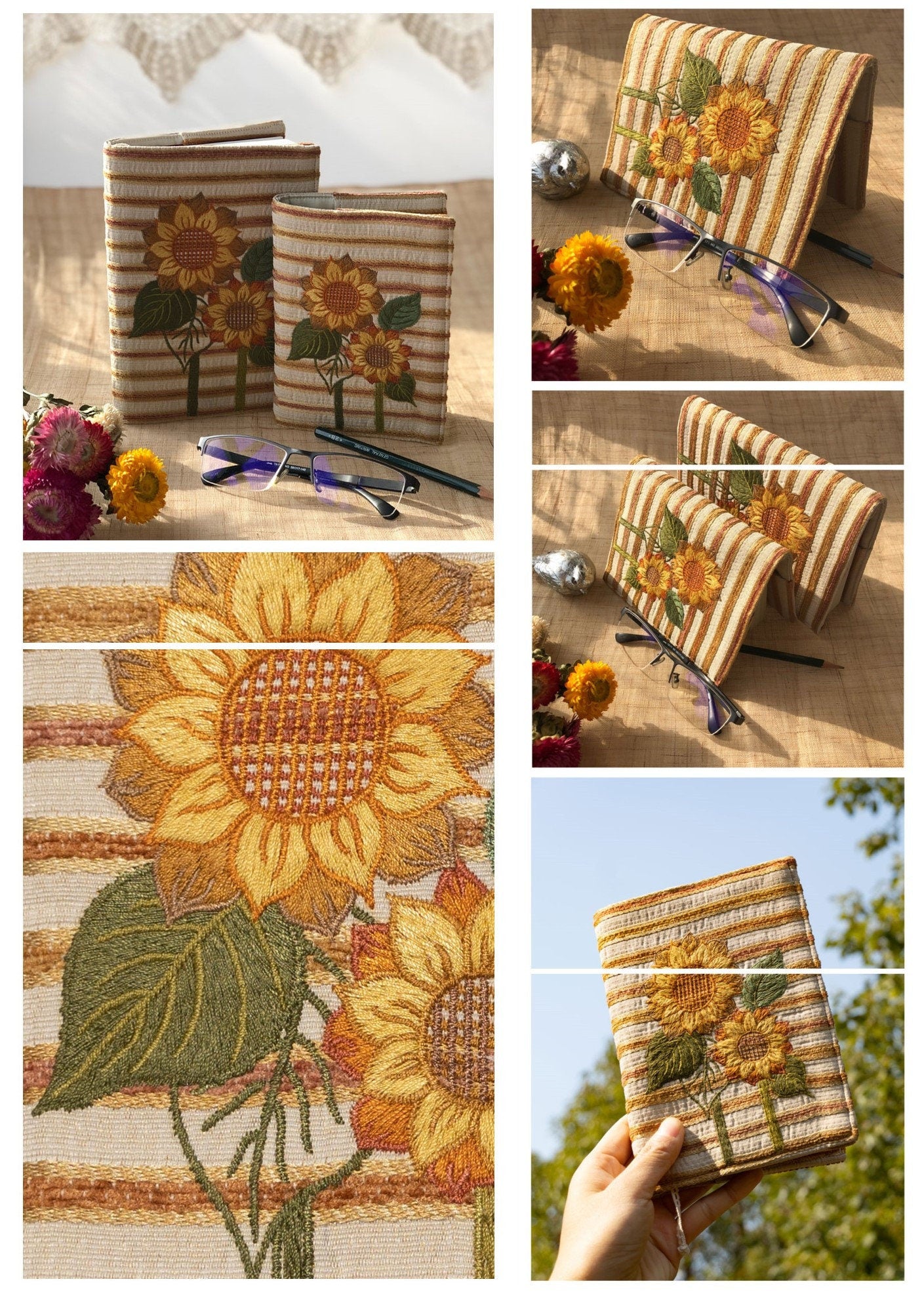 Sunflower Embroidery Book Jacket A5 B6 A6 Handmade Cloth Book Sleeve Floral Embroidered Book Protector Blank Grid Pages Retro Notebook Gift