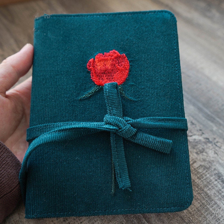 Embroidery Red Rose Corduroy Notebook Journal A5 A6 Loose-leaf Thread-bound Grid Blank Pages Vintage Handmade Notebook Valentine's Day Gift