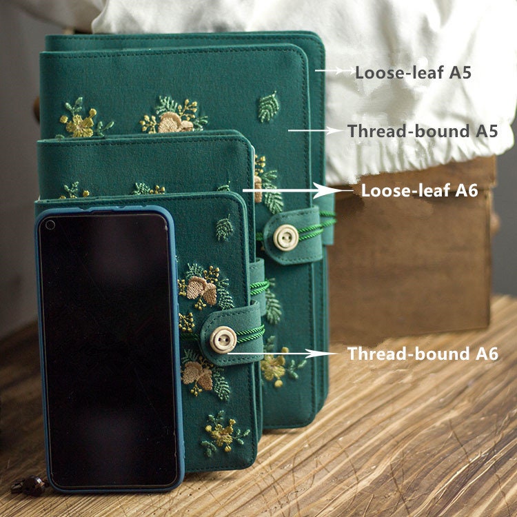 Dark Green Embroidery Acorn Fabric Notebook Retro A5 A6 Loose-leaf Thread-bound Journal Original Handmade Notepad Dairy Book Special Gift