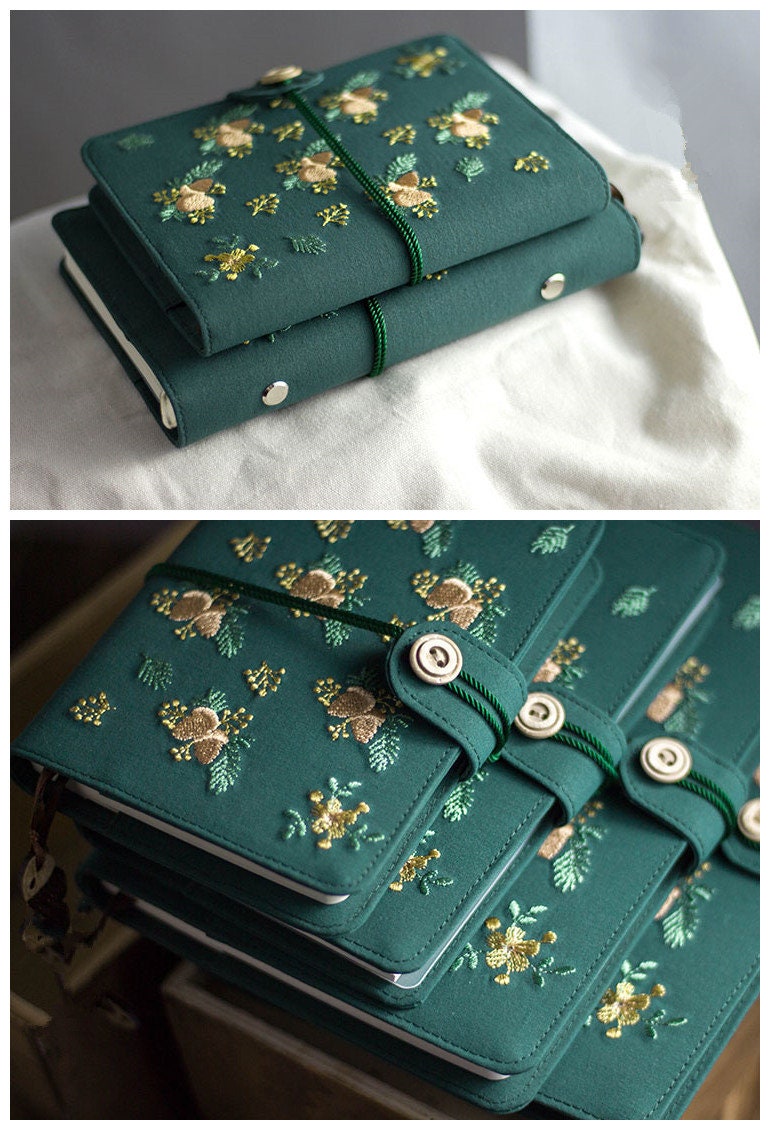 Dark Green Embroidery Acorn Fabric Notebook Retro A5 A6 Loose-leaf Thread-bound Journal Original Handmade Notepad Dairy Book Special Gift