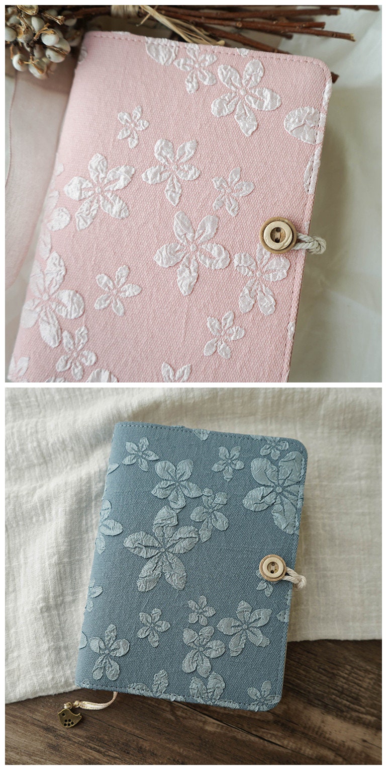 Pink Blue Embroidery Flower Fabric Notebook Journal A5 A6 Loose-leaf Thread-bound Blank Grid Pages Retro Notepad  Dairy Handmade Notebook