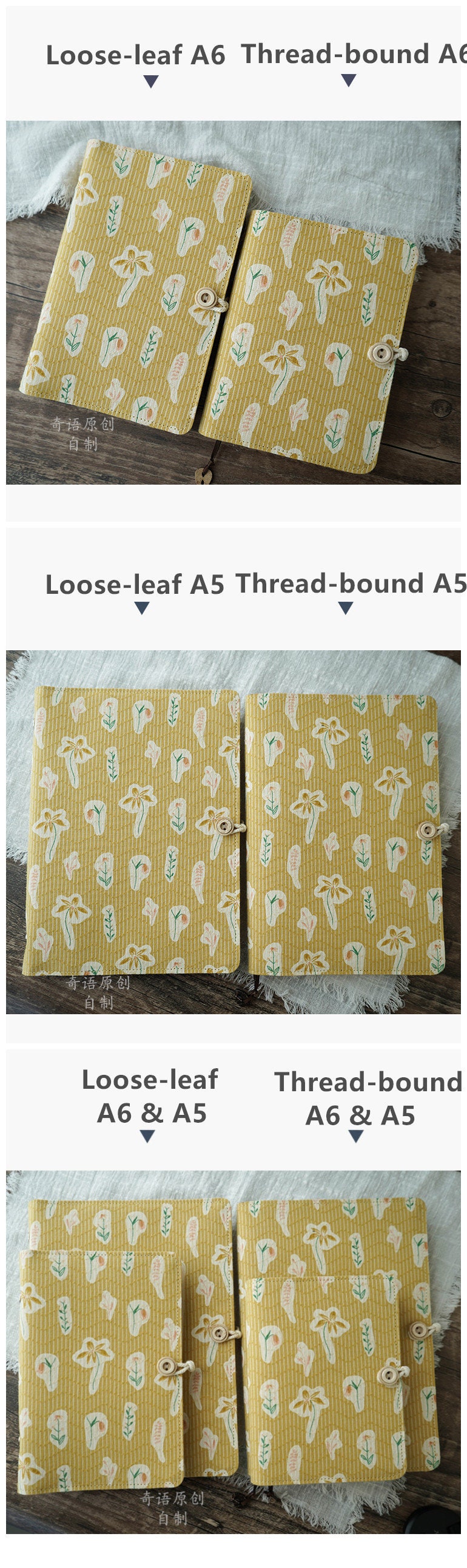 Fresh A5 A6 Fabric Notebook Yellow Printed Flowers Loose-leaf thread-bound 4 Style Inner Pages Literary Planner Book Travel Notepad Dairy