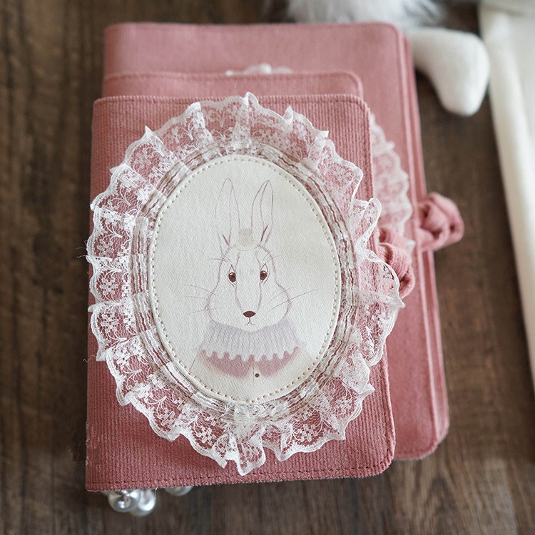 Pink Cute Bunny Lace Notebook Corduroy Loose-leaf Thread-bound Journal Book A5 A6 Fabric Dairy Book Handmade Notepad Unique Gift for Her
