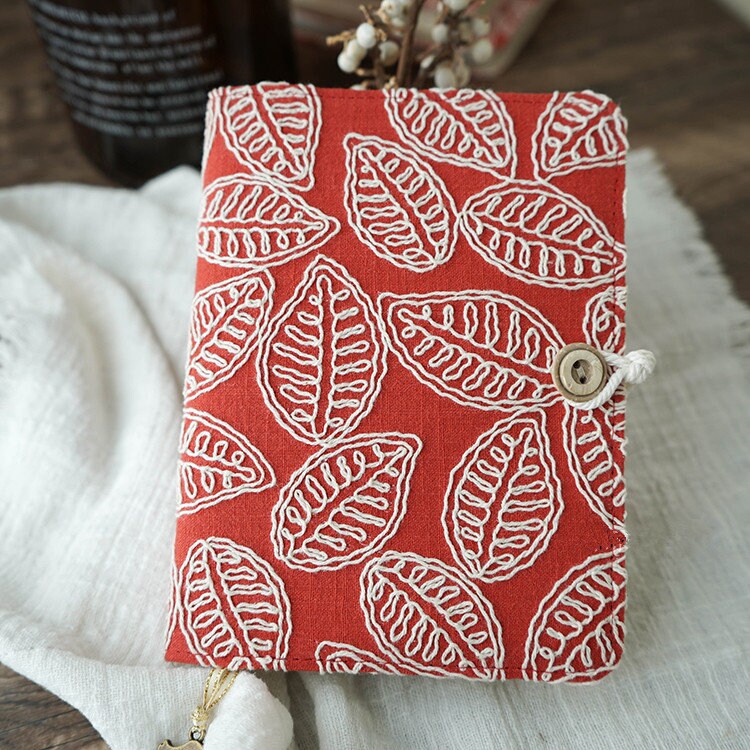 Red Embroidery Leaf Journal Notebook Fabric Cover Loose-leaf A6 A5 Diary Book Literary Blank Lined Pages Notebook Handmade Notepad Gift