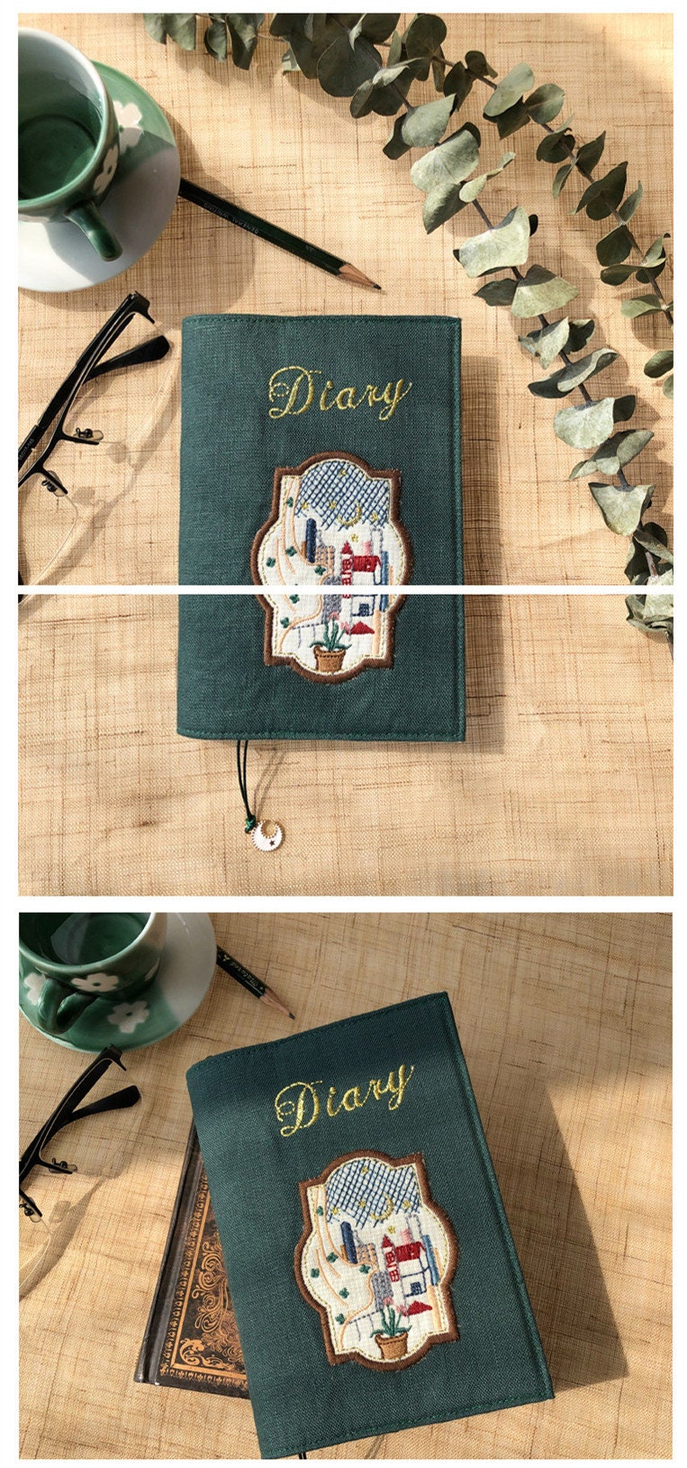City Night Scene Embroidery Book Cover Retro A5A6B6 Handmade Book Sleeve Literary Dairy Book Dark Green Book Protector Notebook Gift for Her