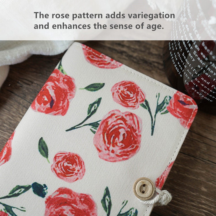 Vantage Red Rose Fabric Journal Handmade A5A6 Loose-leaf Notebook Blank Lined Grid Paper Fabric Covered Notepad Dairy Book Gift for Her