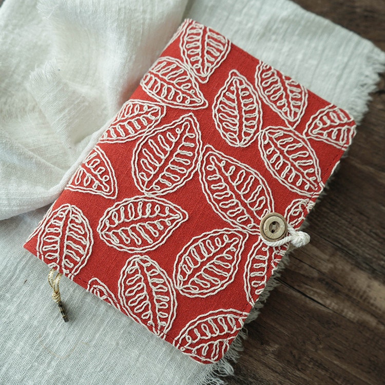 Red Embroidery Leaf Journal Notebook Fabric Cover Loose-leaf A6 A5 Diary Book Literary Blank Lined Pages Notebook Handmade Notepad Gift